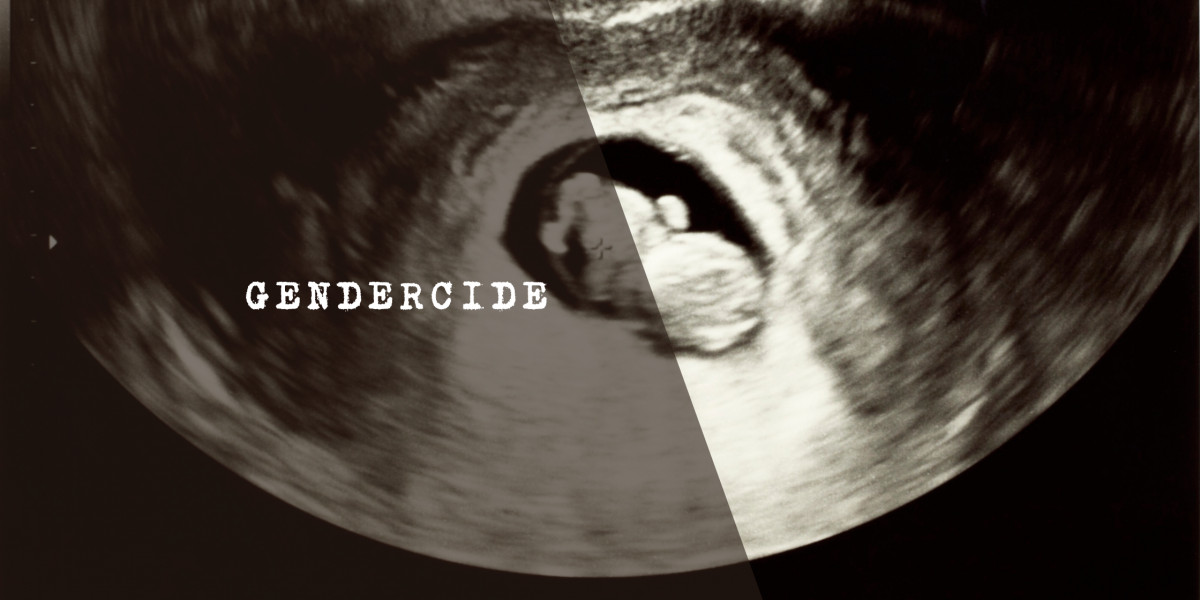 Ultrasound image showing a developing foetus, used to illustrate the concept of prenatal sex selection and female gendercide.