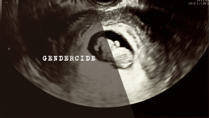 Ultrasound image showing a developing foetus, used to illustrate the concept of prenatal sex selection and female gendercide.