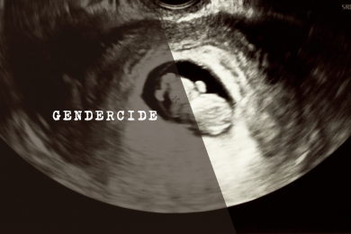 Ultrasound image showing a developing foetus, used to illustrate the concept of prenatal sex selection and female gendercide.