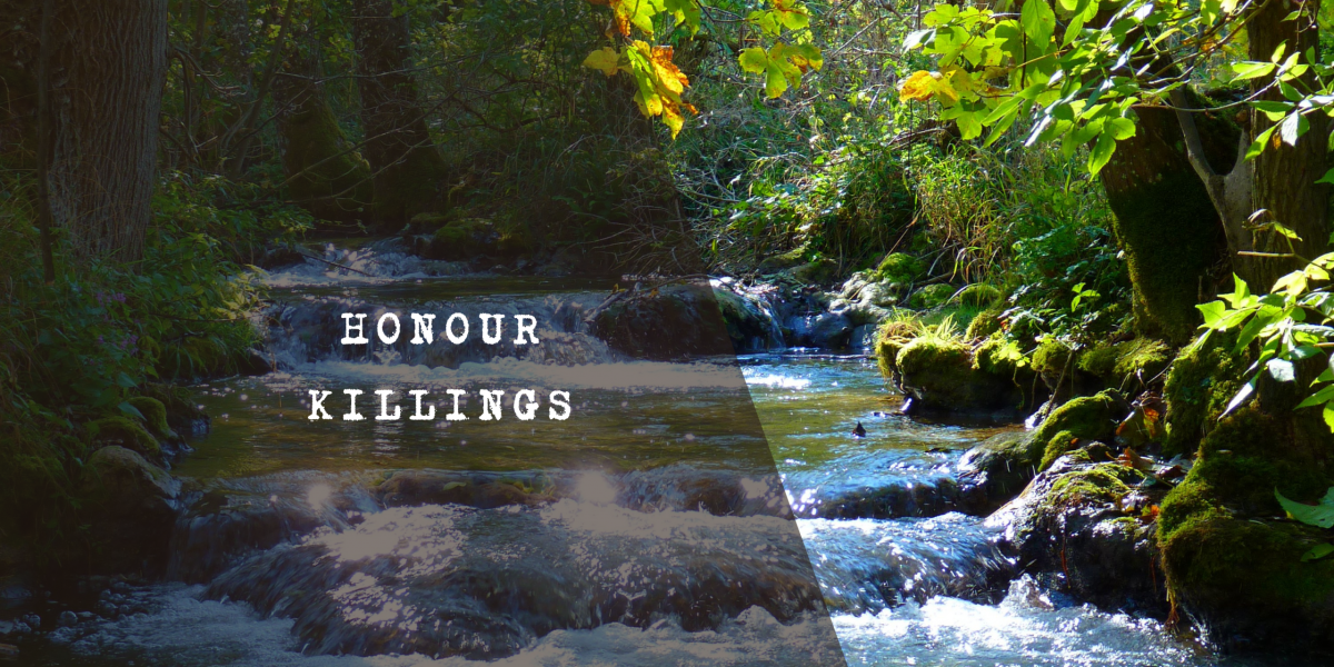 Stone memorial marker beside a woodland stream, symbolising remembrance for victims of honour killings