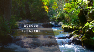 Stone memorial marker beside a woodland stream, symbolising remembrance for victims of honour killings