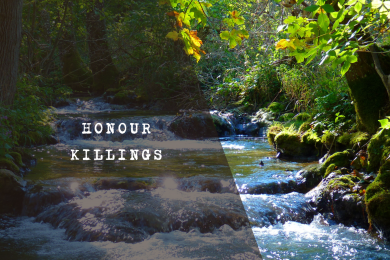 Stone memorial marker beside a woodland stream, symbolising remembrance for victims of honour killings
