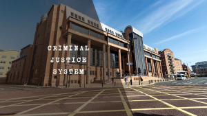 Criminal justice system courtroom representing law and accountability