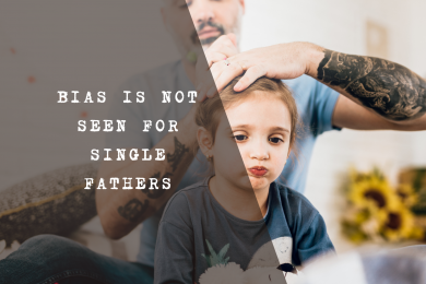 A single father carefully braiding his young daughter's hair in a brightly lit room