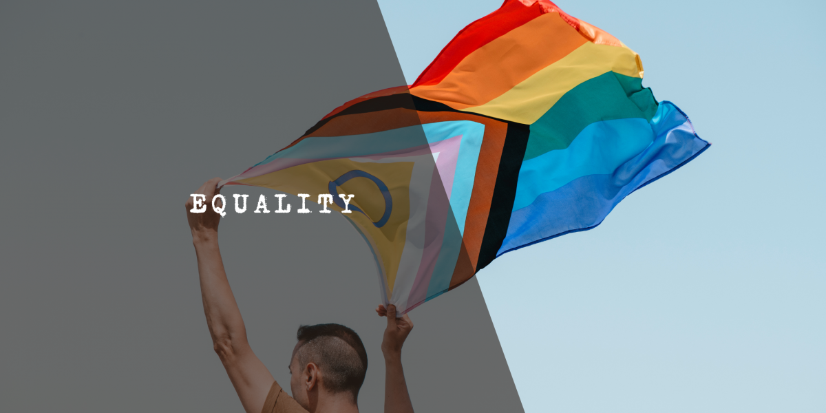 A person holding up a large LGBTQ+ Progress Pride flag waving against a clear sky, symbolizing the fight for visibility and equality.