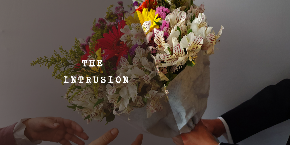 Graphic image showing hands presenting a large bouquet of flowers with the words The Intrusion overlaid in white text.