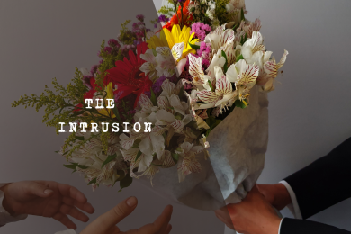 Graphic image showing hands presenting a large bouquet of flowers with the words The Intrusion overlaid in white text.