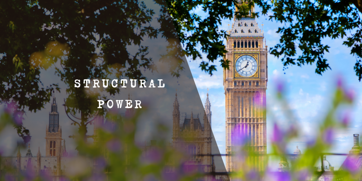 Architectural view of Big Ben and the Houses of Parliament behind tree branches with a purple color overlay