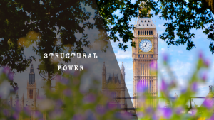 Architectural view of Big Ben and the Houses of Parliament behind tree branches with a purple color overlay