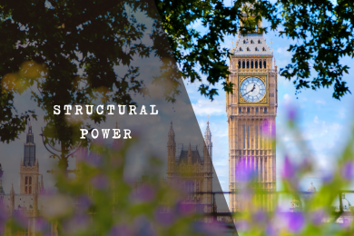 Architectural view of Big Ben and the Houses of Parliament behind tree branches with a purple color overlay